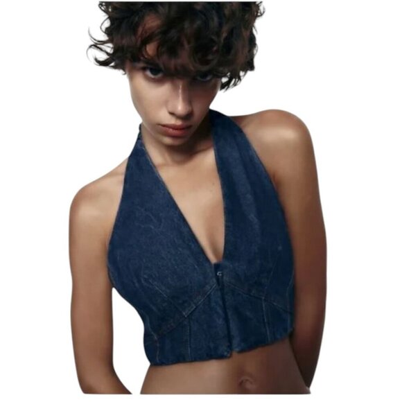 Zara Dark Wash Denim Cropped Mixed Media Halter Corset Top Hook Eye Closure Lrg - Picture 1 of 16